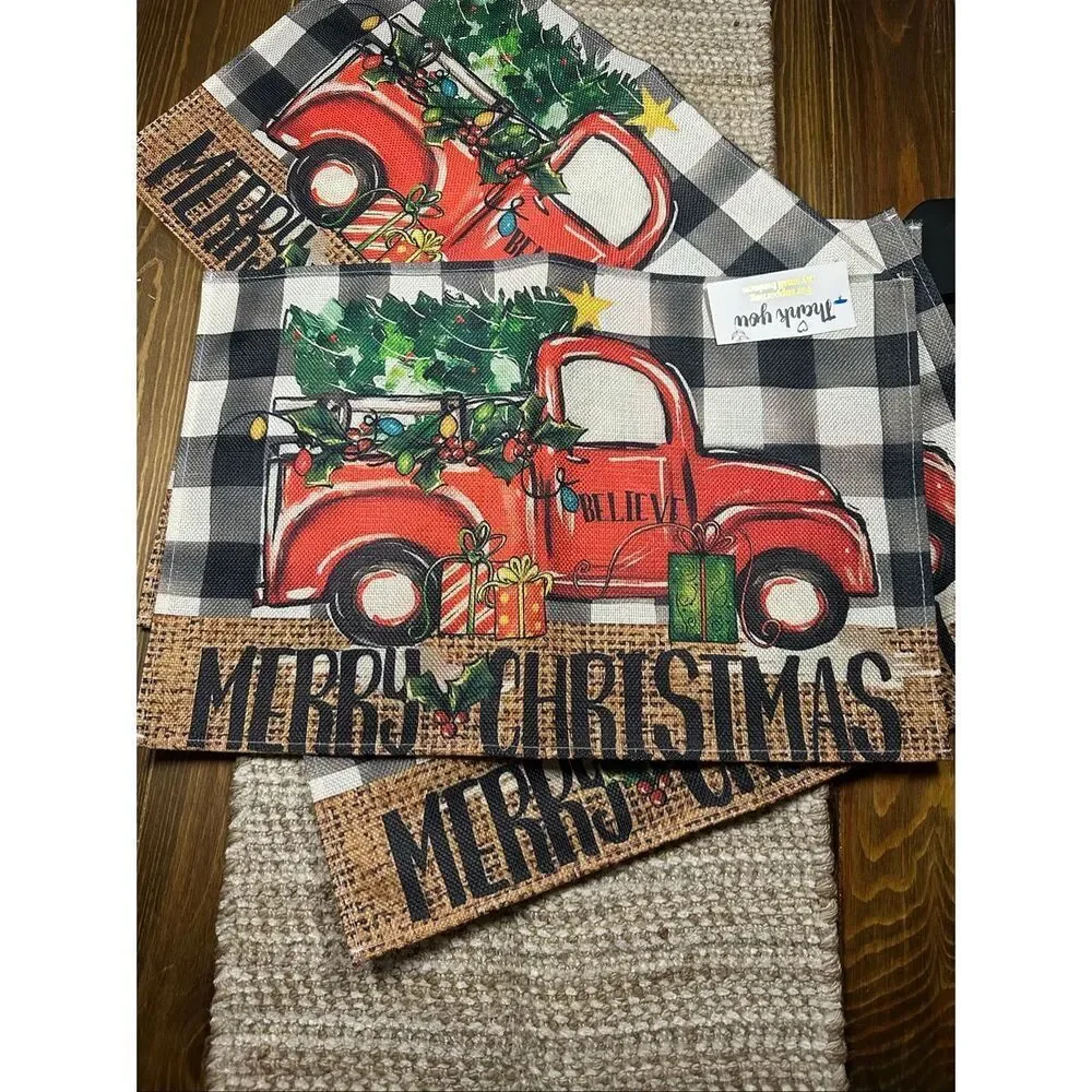 Christmas dining placemats,red truck buffalo plaid set of 4 new